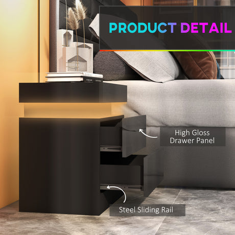 High Gloss Bedside Cabinet 45cm Wide With 2 Drawers And LED Lights - Velmora