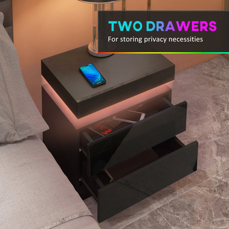 High Gloss Bedside Cabinet 45cm Wide With 2 Drawers And LED Lights - Velmora