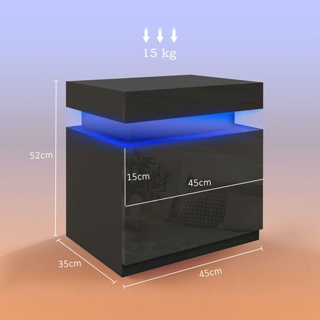 High Gloss Bedside Cabinet 45cm Wide With 2 Drawers And LED Lights - Velmora