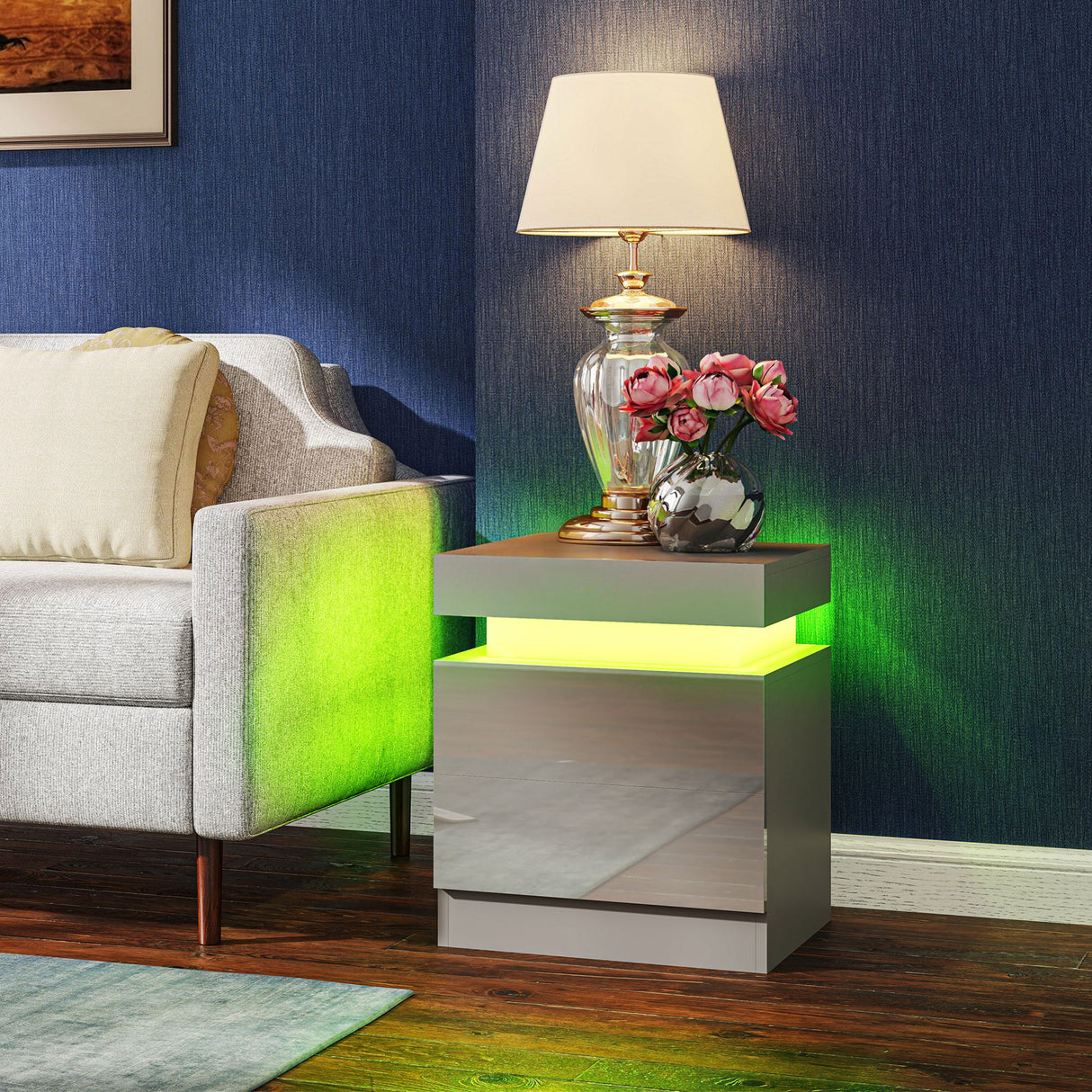 High Gloss Bedside Cabinet 45cm Wide With 2 Drawers And LED Lights - Velmora