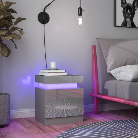 High Gloss Bedside Cabinet 45cm Wide With 2 Drawers And LED Lights - Velmora