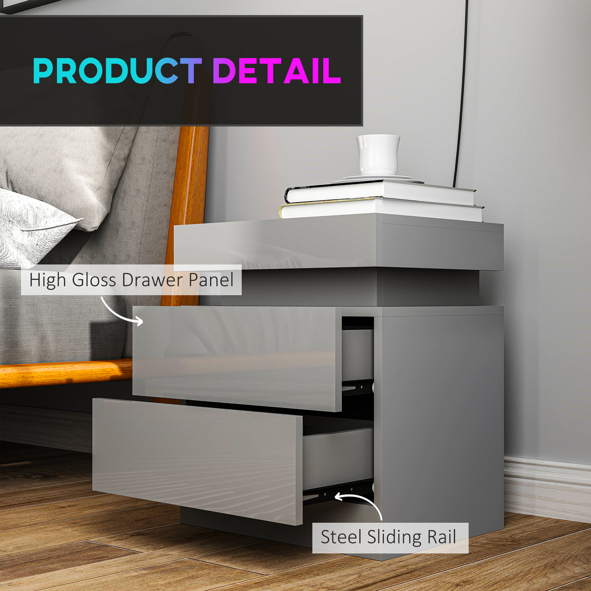 High Gloss Bedside Cabinet 45cm Wide With 2 Drawers And LED Lights - Velmora
