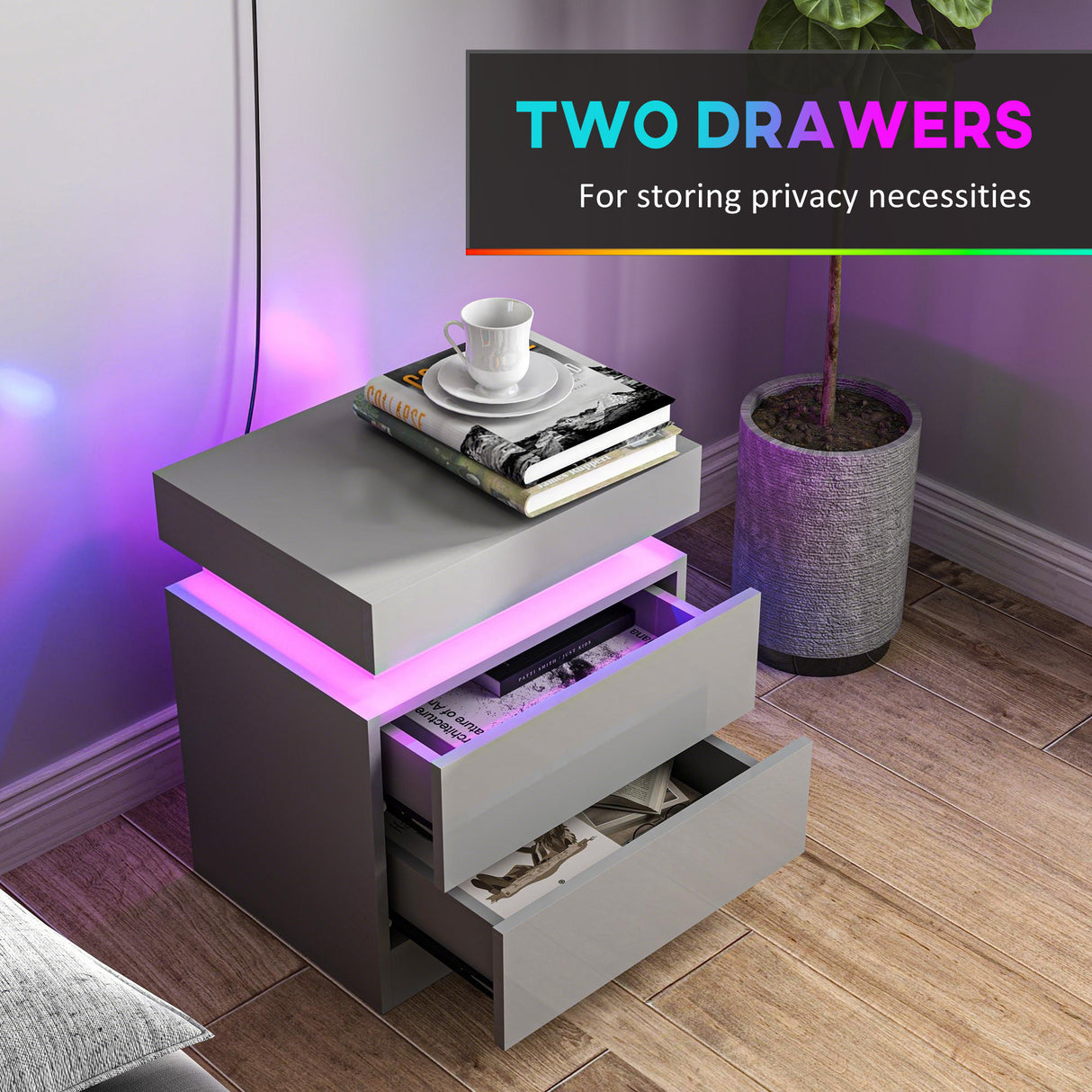 High Gloss Bedside Cabinet 45cm Wide With 2 Drawers And LED Lights - Velmora