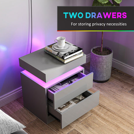 High Gloss Bedside Cabinet 45cm Wide With 2 Drawers And LED Lights - Velmora