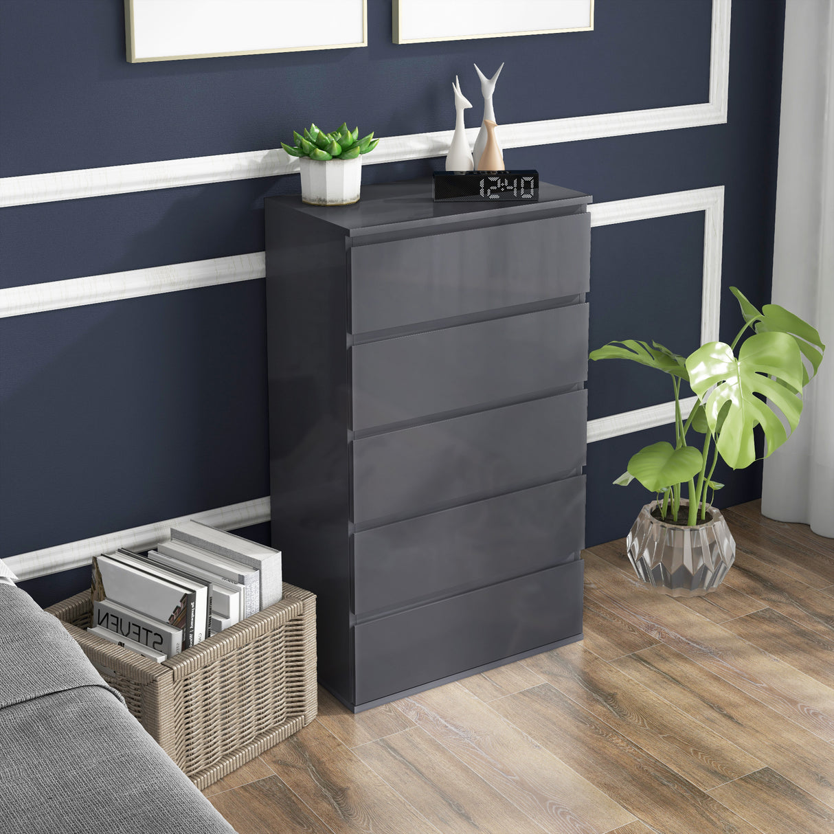 High Gloss Chest Of 4 Drawers 100cm H x 53cm W x 33cm D - Velmora