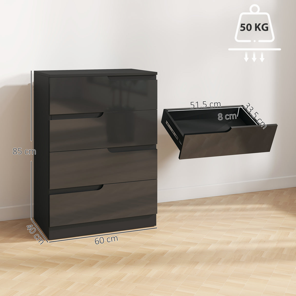 High Gloss Chest Of 4 Drawers 60cm Wide - Velmora