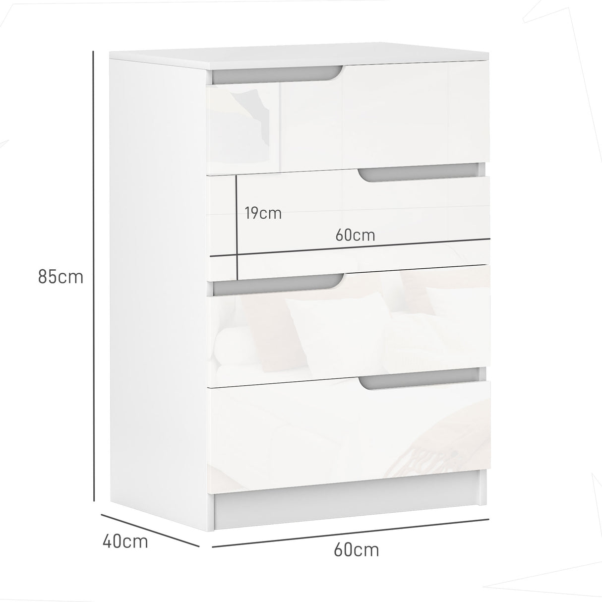 High Gloss Chest Of 4 Drawers 60cm Wide - Velmora