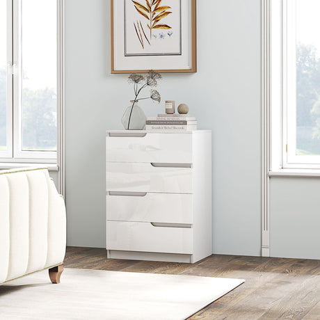 High Gloss Chest Of 4 Drawers 60cm Wide With Bedside Cabinet 40cm Wide - Velmora
