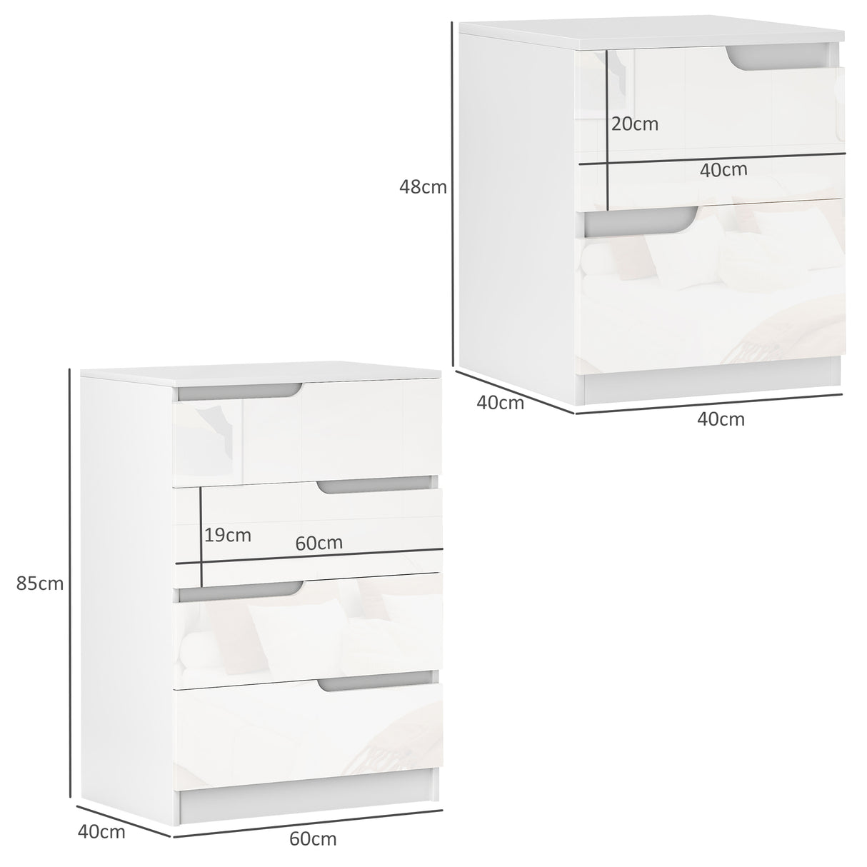 High Gloss Chest Of 4 Drawers 60cm Wide With Bedside Cabinet 40cm Wide - Velmora