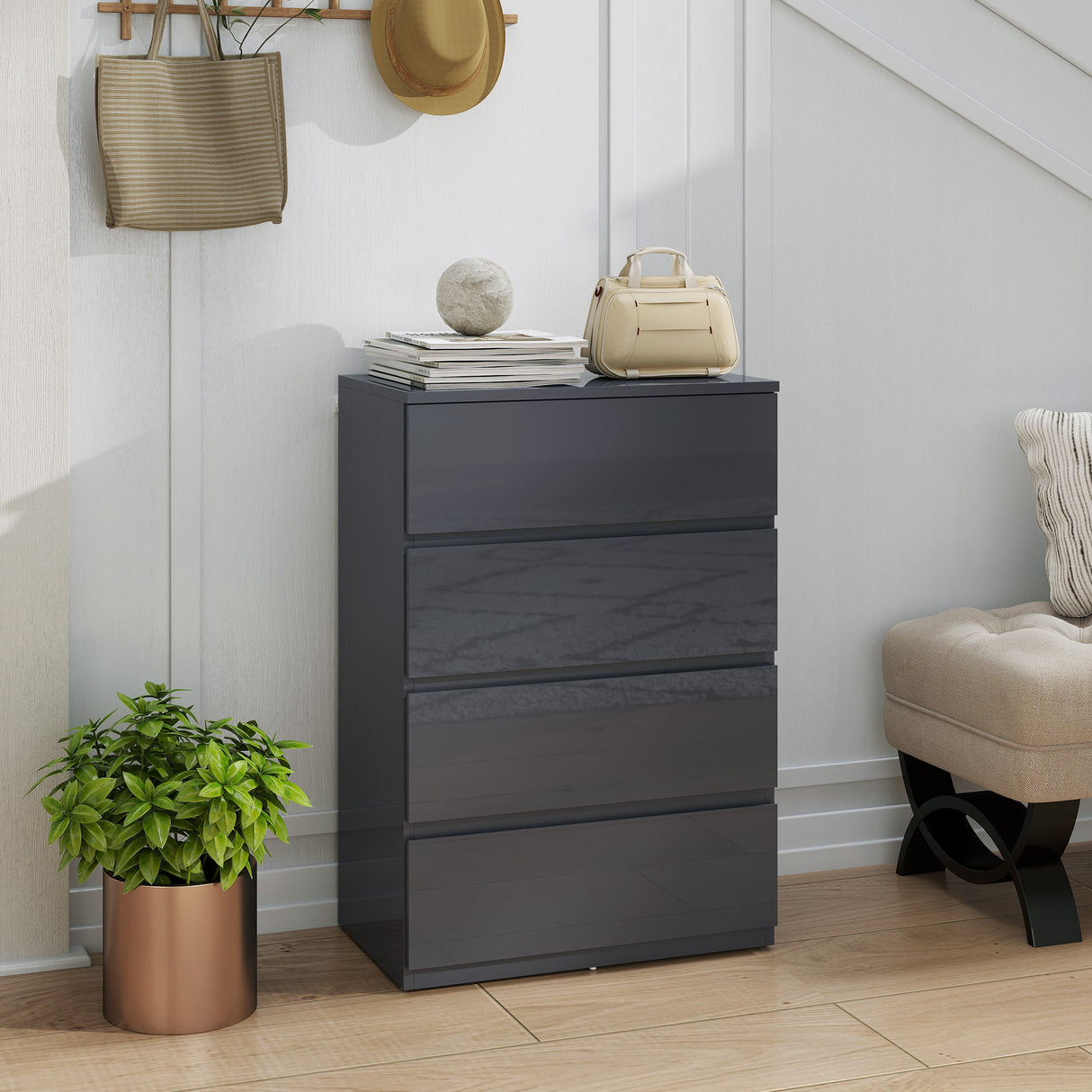 High Gloss Chest Of 4 Drawers 80cm H x 55cm W x 34cm D - Velmora