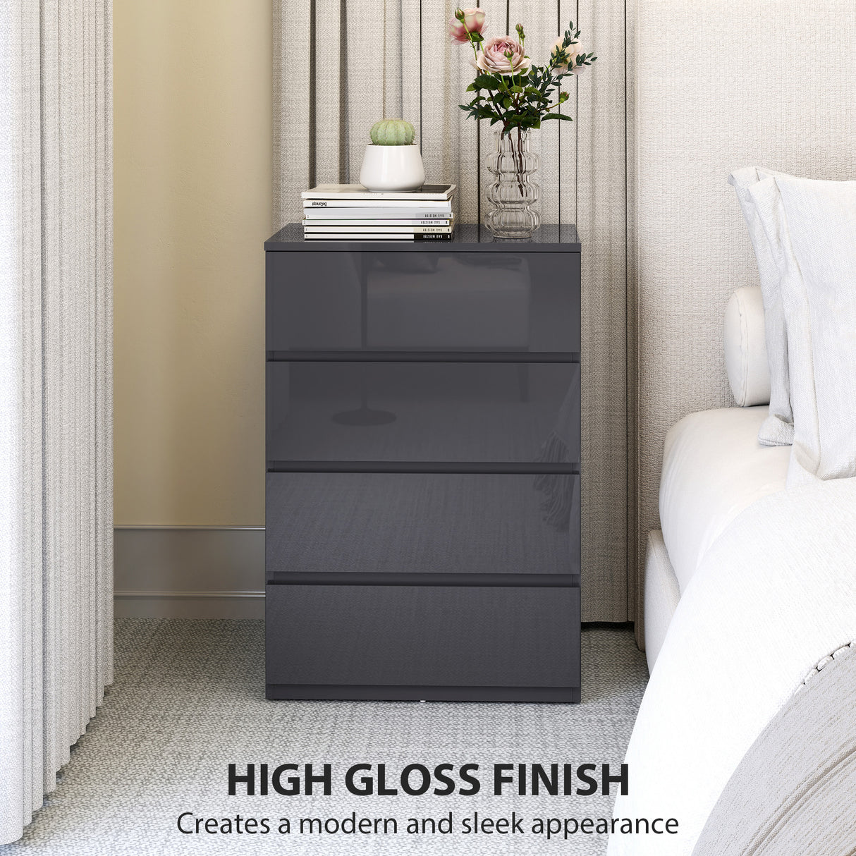 High Gloss Chest Of 4 Drawers 80cm H x 55cm W x 34cm D - Velmora