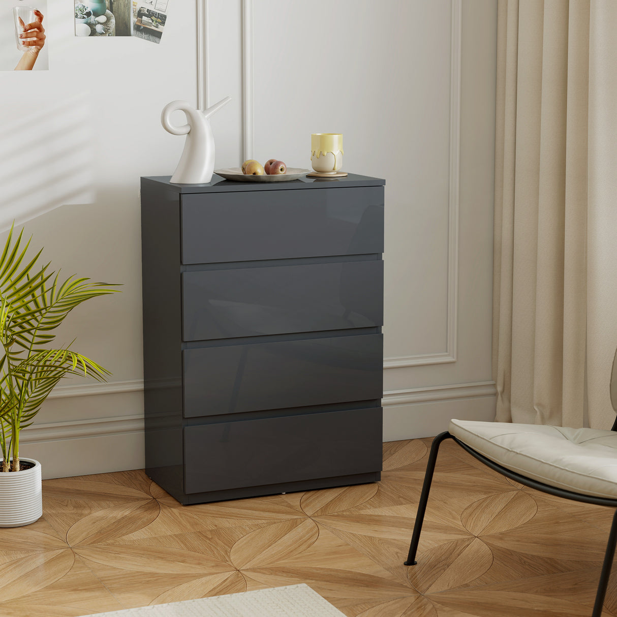 High Gloss Chest Of 4 Drawers 80cm H x 55cm W x 34cm D - Velmora
