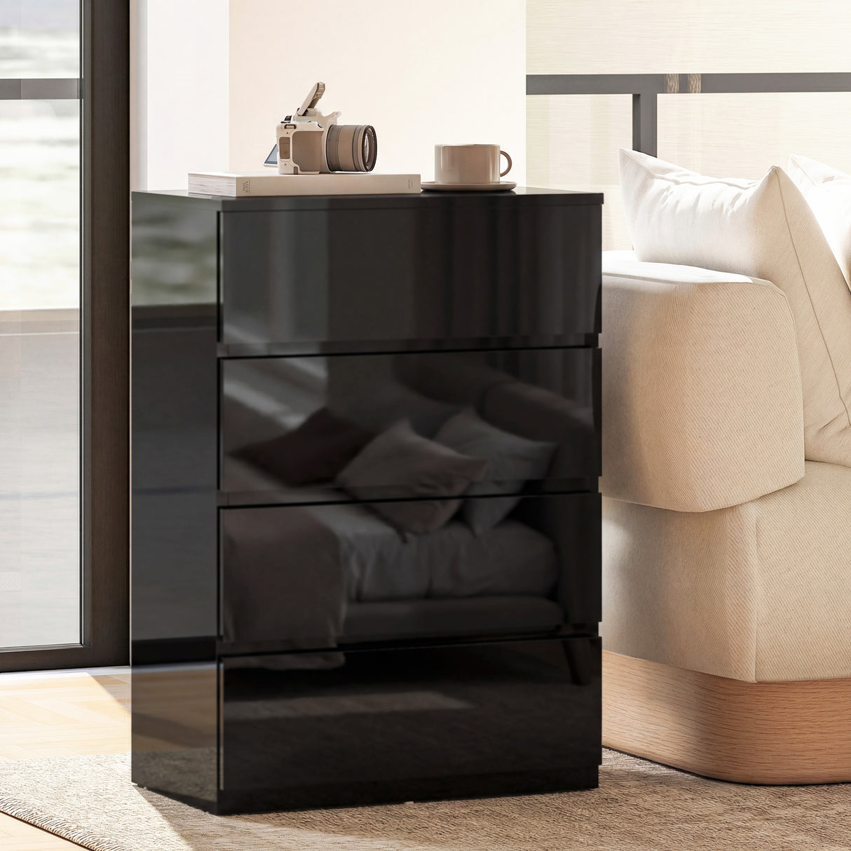 High Gloss Chest Of 4 Drawers 80cm H x 55cm W x 34cm D - Velmora