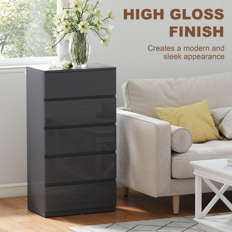 High Gloss Chest Of 5 Drawers 100cm H x 55cm W x 34cm D - Velmora