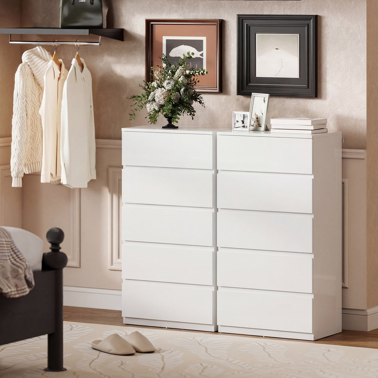 High Gloss Chest Of 5 Drawers 100cm H x 55cm W x 34cm D - Velmora