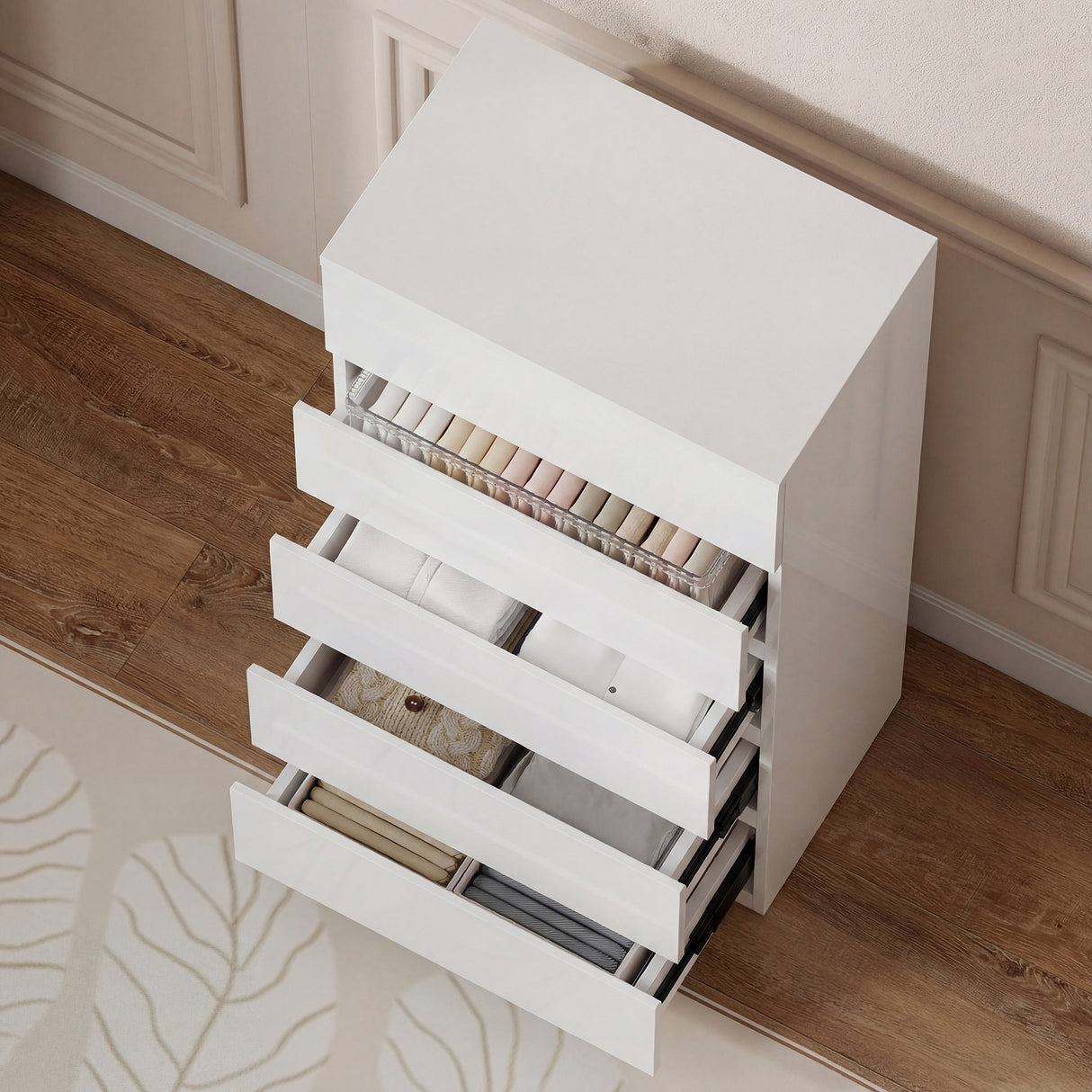 High Gloss Chest Of 5 Drawers 100cm H x 55cm W x 34cm D - Velmora