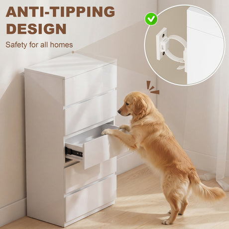High Gloss Chest Of 5 Drawers 100cm H x 55cm W x 34cm D - Velmora