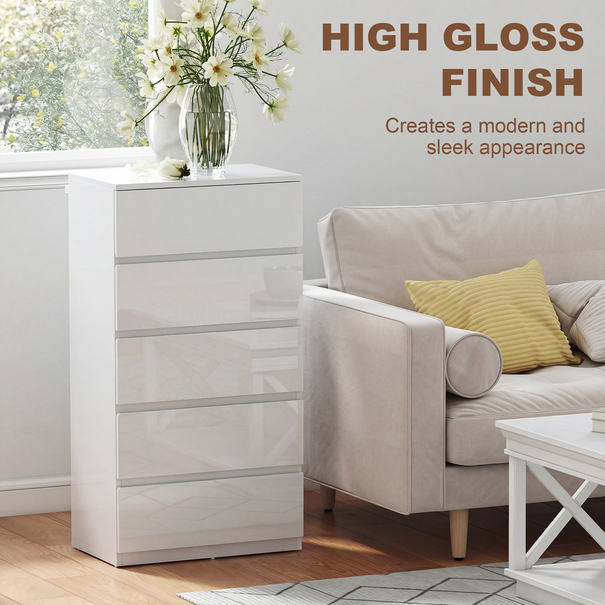 High Gloss Chest Of 5 Drawers 100cm H x 55cm W x 34cm D - Velmora