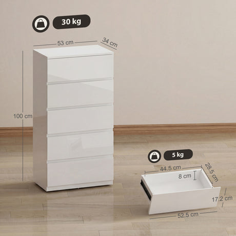 High Gloss Chest Of 5 Drawers 100cm H x 55cm W x 34cm D - Velmora