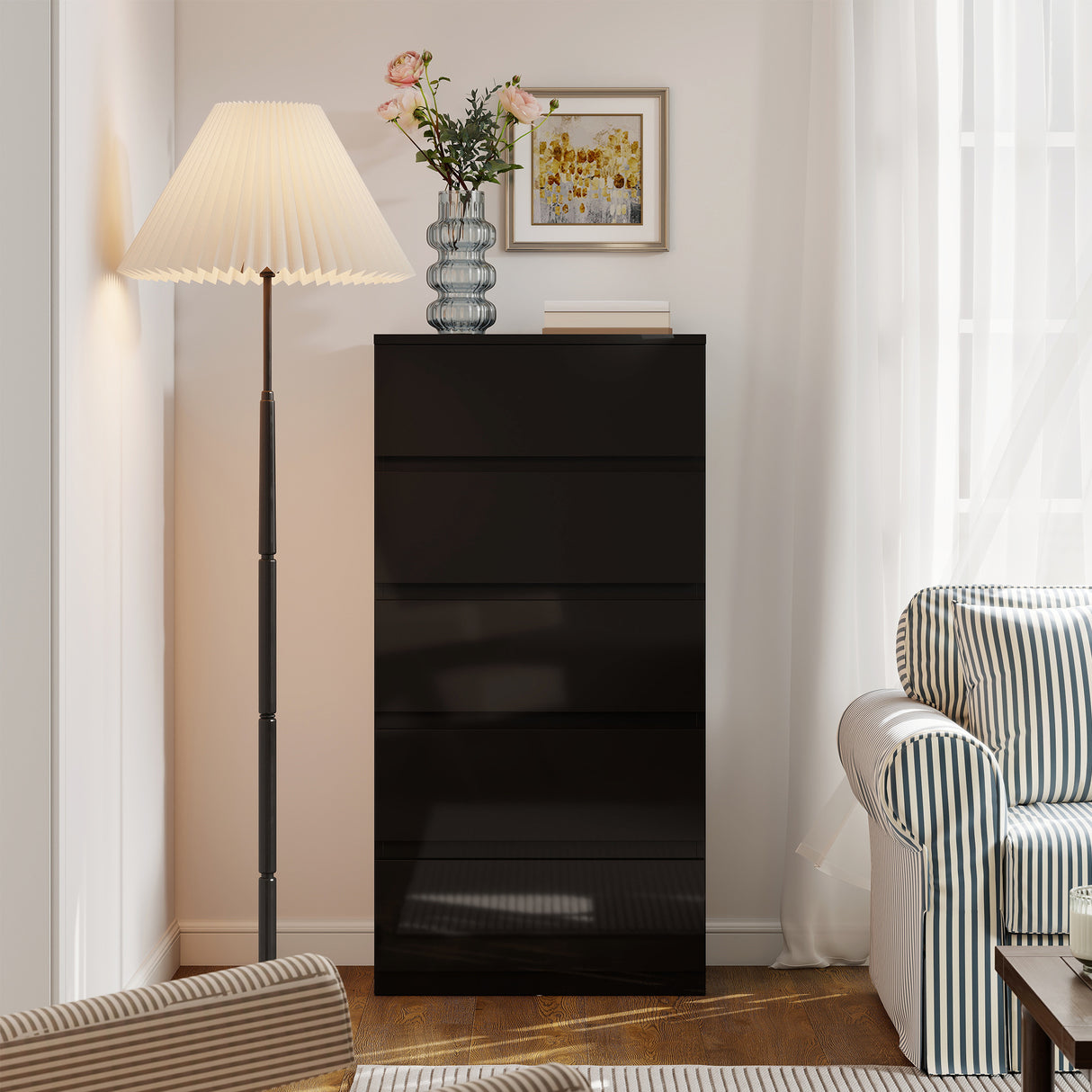 High Gloss Chest Of 5 Drawers 100cm H x 55cm W x 34cm D - Velmora