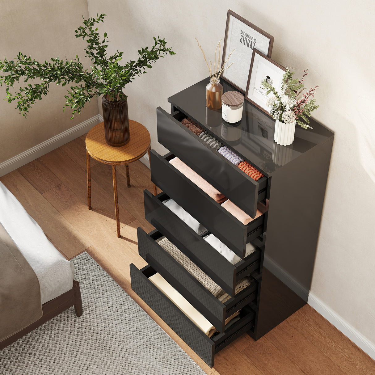 High Gloss Chest Of 5 Drawers 100cm H x 55cm W x 34cm D - Velmora