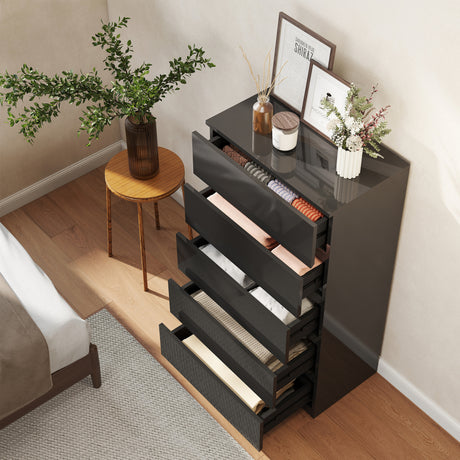 High Gloss Chest Of 5 Drawers 100cm H x 55cm W x 34cm D - Velmora