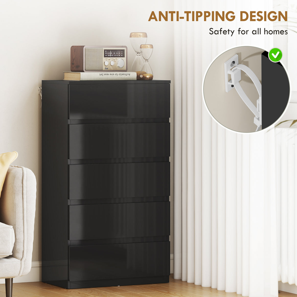 High Gloss Chest Of 5 Drawers 100cm H x 55cm W x 34cm D - Velmora