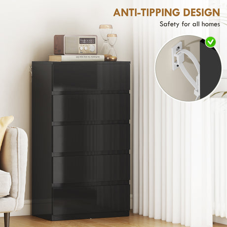High Gloss Chest Of 5 Drawers 100cm H x 55cm W x 34cm D - Velmora