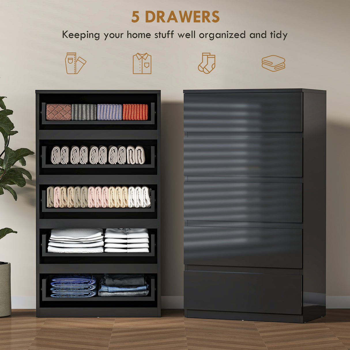 High Gloss Chest Of 5 Drawers 100cm H x 55cm W x 34cm D - Velmora