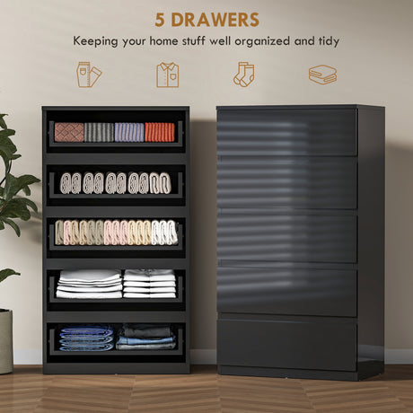 High Gloss Chest Of 5 Drawers 100cm H x 55cm W x 34cm D - Velmora