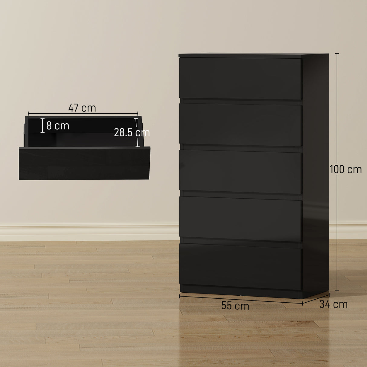 High Gloss Chest Of 5 Drawers 100cm H x 55cm W x 34cm D - Velmora