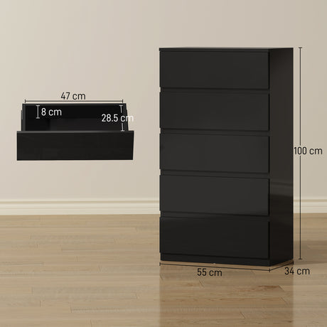High Gloss Chest Of 5 Drawers 100cm H x 55cm W x 34cm D - Velmora
