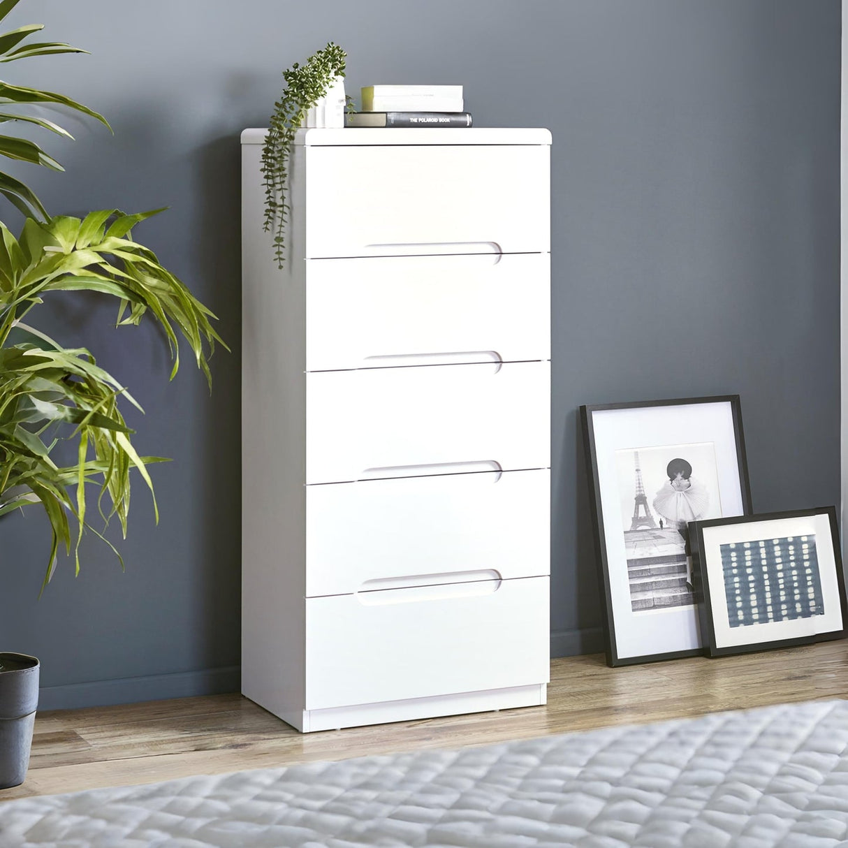 High Gloss Chest Of 5 Drawers Narrow - Manhattan