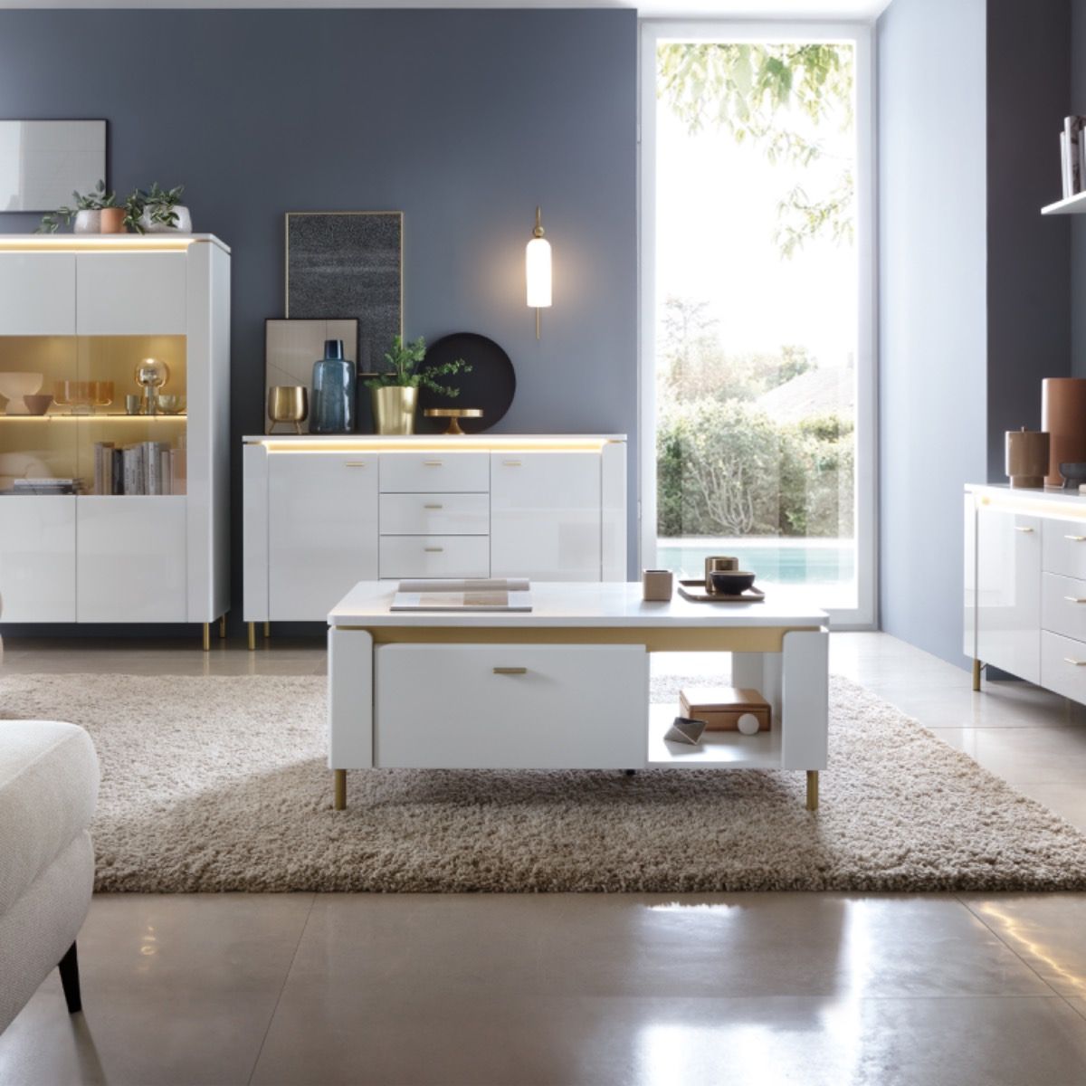 High Gloss Coffee Table With 1 Drawer And LED Lights - Lazio