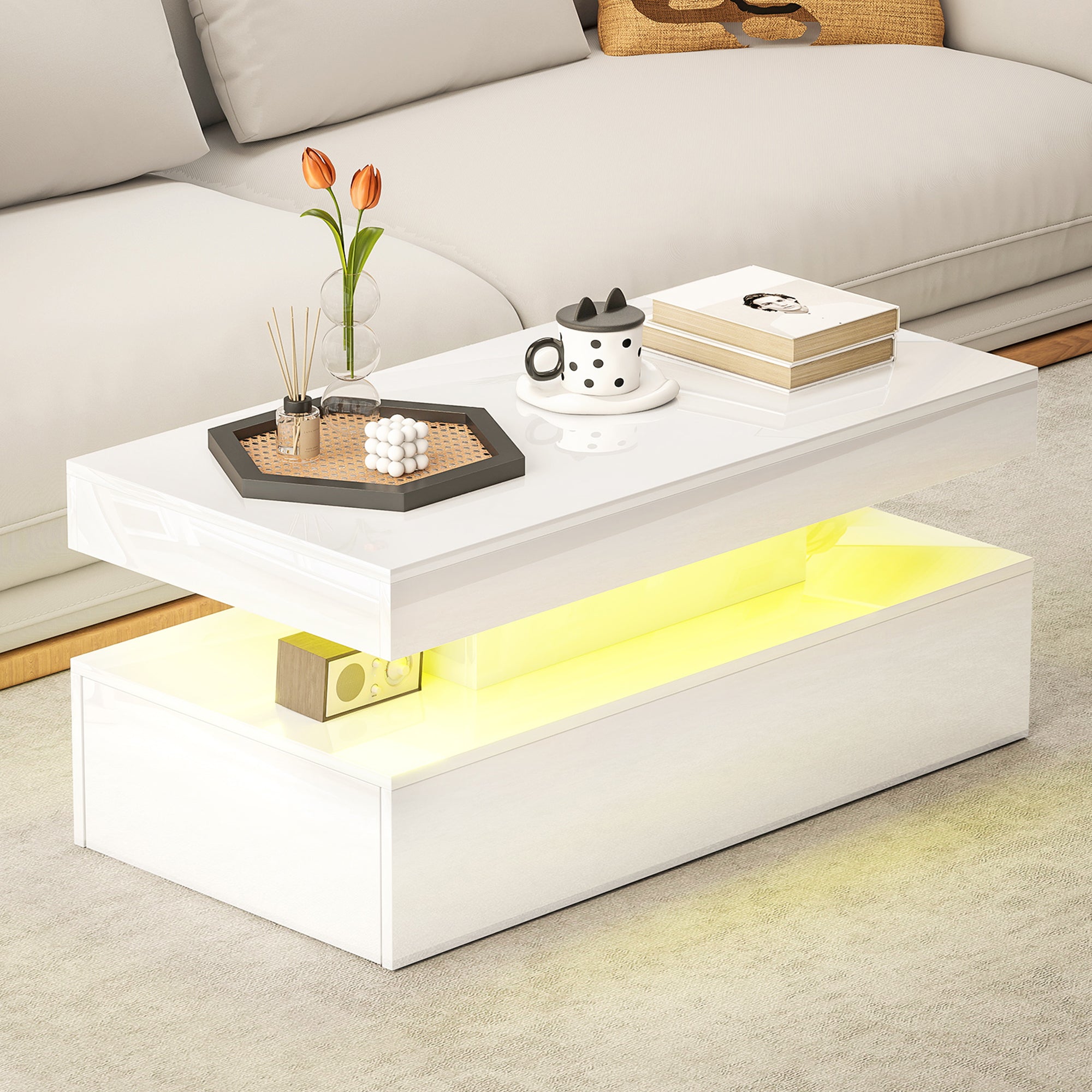High Gloss Coffee Table Rectangular With Storage And LED Lights - Velmora