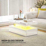 High Gloss Coffee Table Rectangular With Storage And LED Lights - Velmora