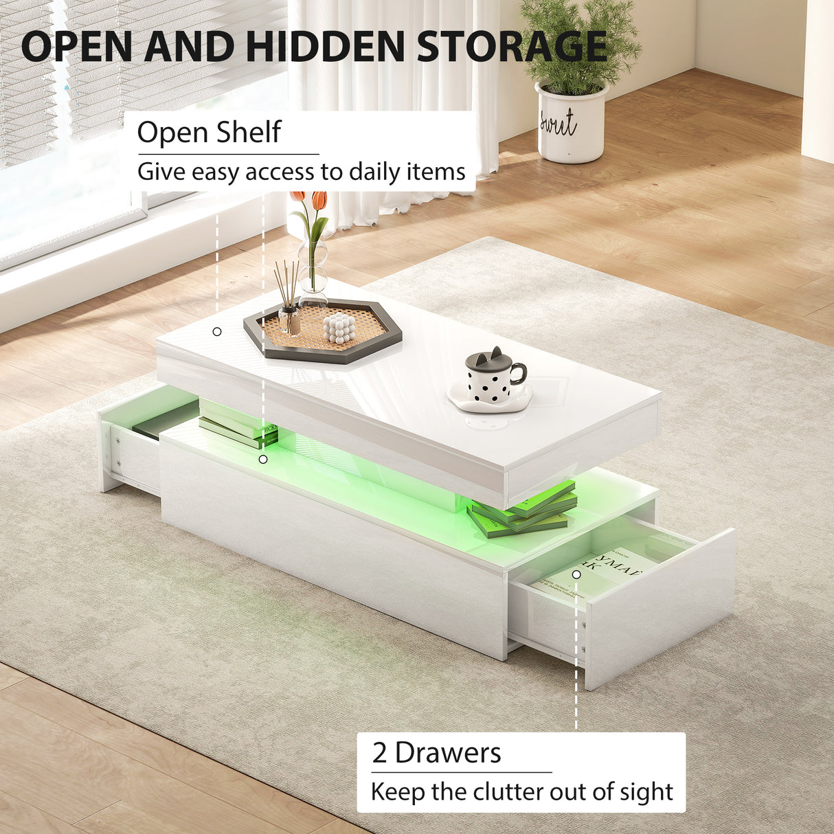 High Gloss Coffee Table Rectangular With Storage And LED Lights - Velmora