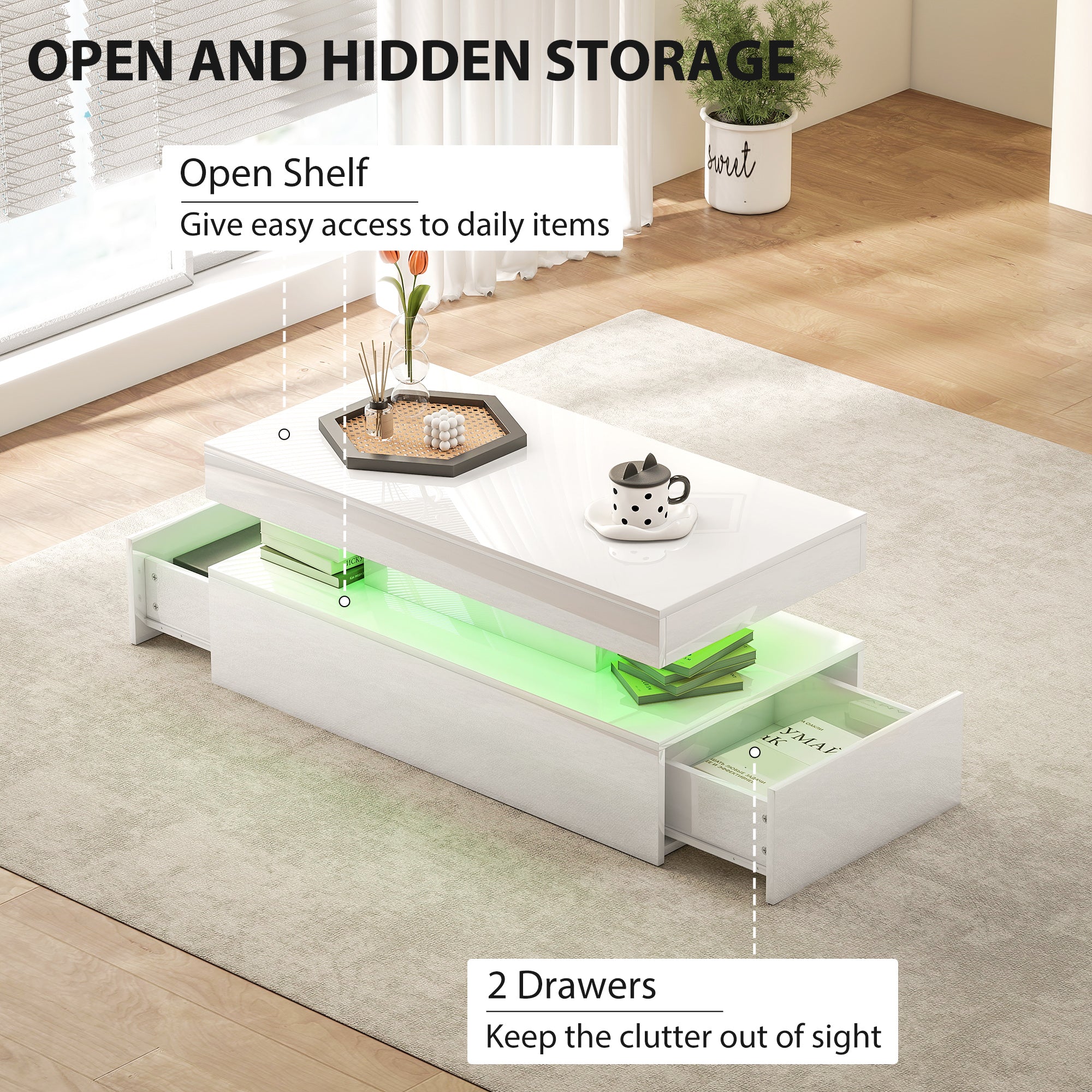 High Gloss Coffee Table Rectangular With Storage And LED Lights - Velmora
