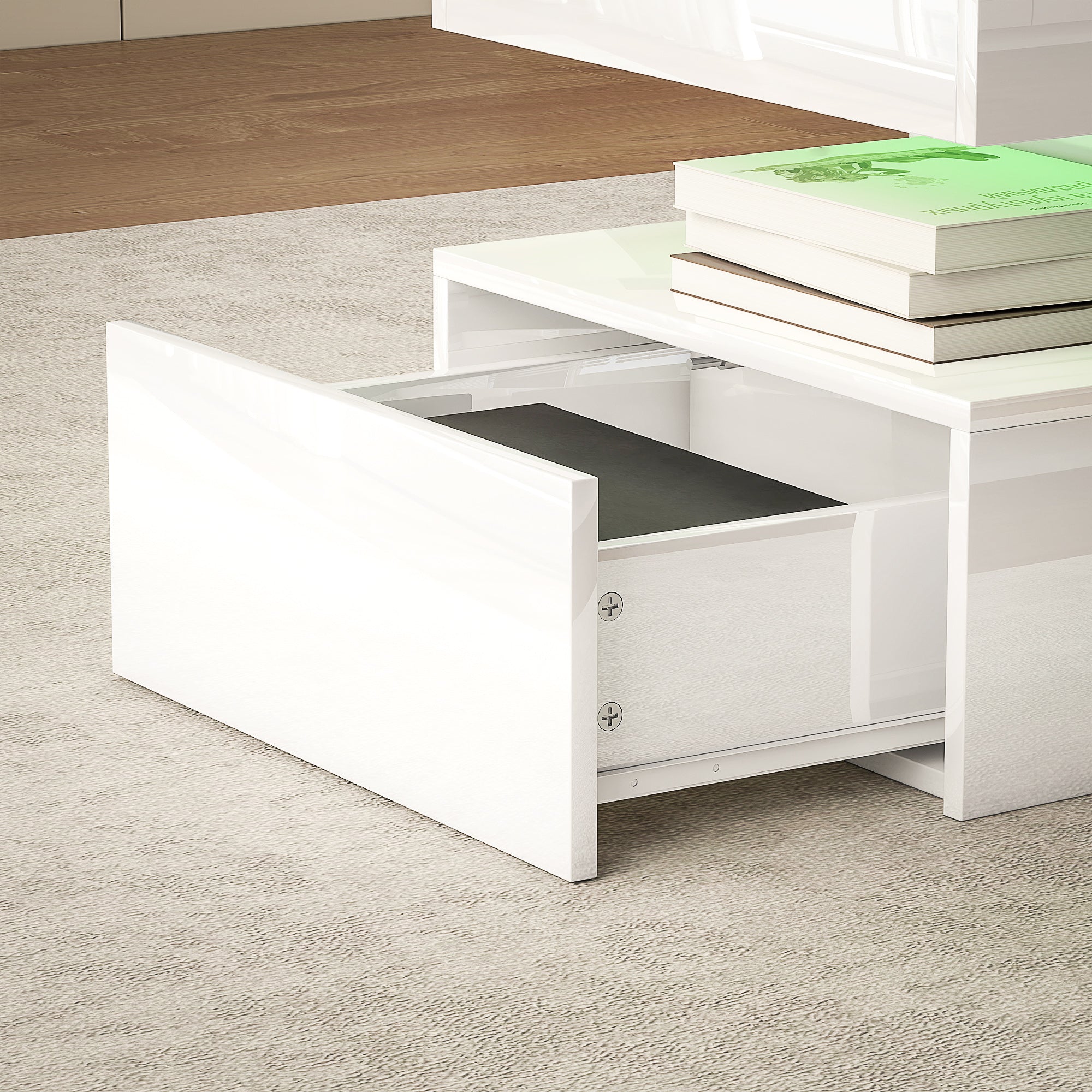 High Gloss Coffee Table Rectangular With Storage And LED Lights - Velmora