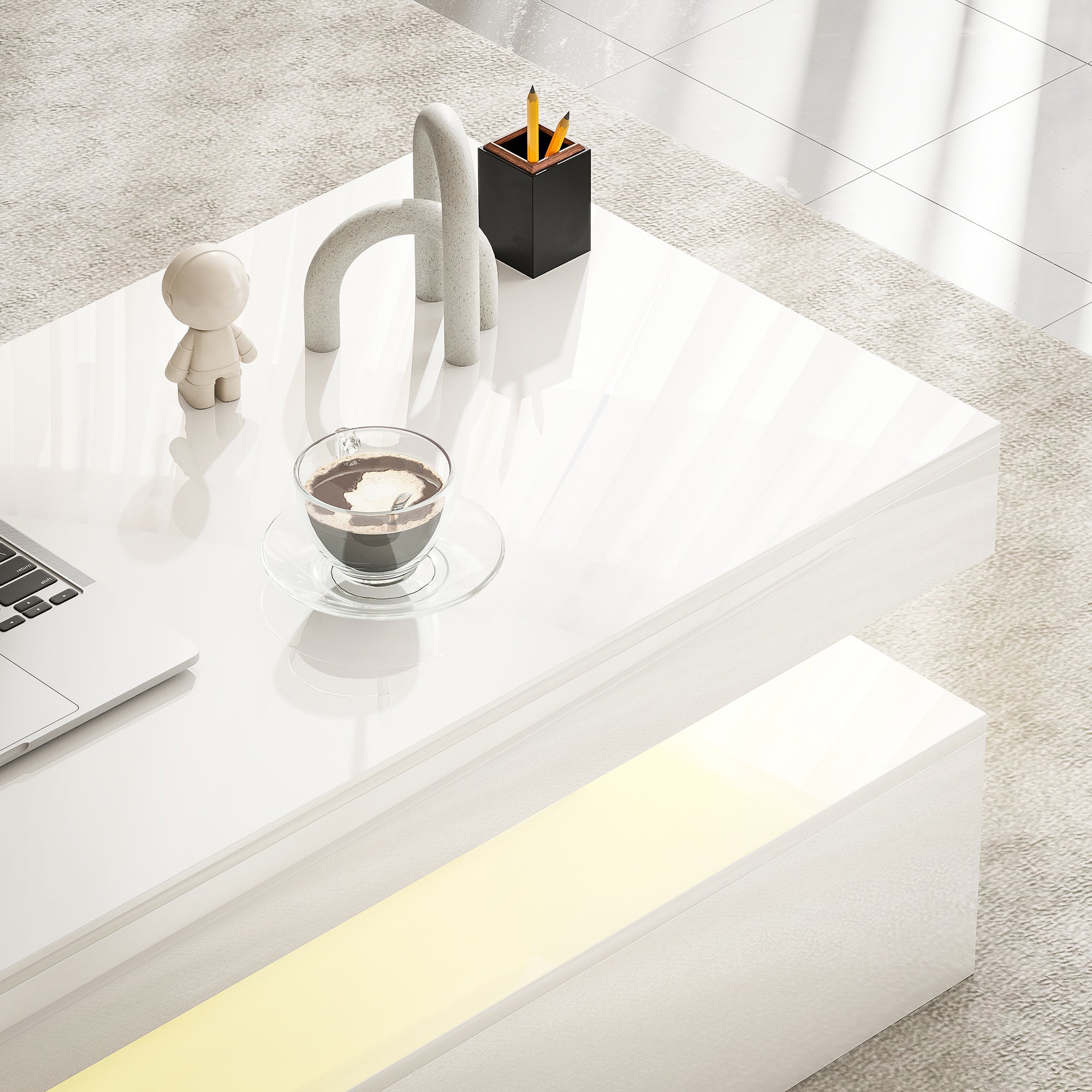 High Gloss Coffee Table Rectangular With Storage And LED Lights - Velmora