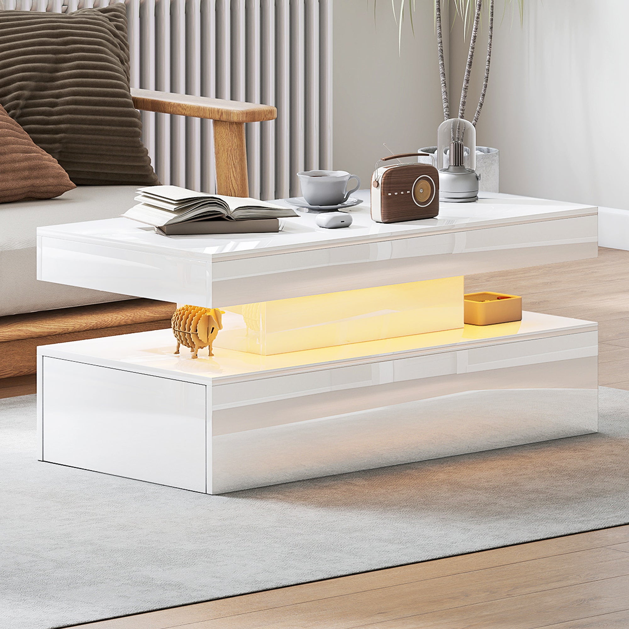 High Gloss Coffee Table Rectangular With Storage And LED Lights - Velmora