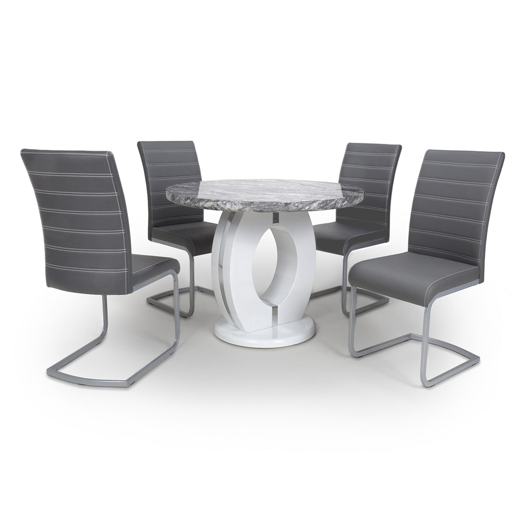 High Gloss Dining Table Round With 4 Callisto Grey Chairs - Neptune