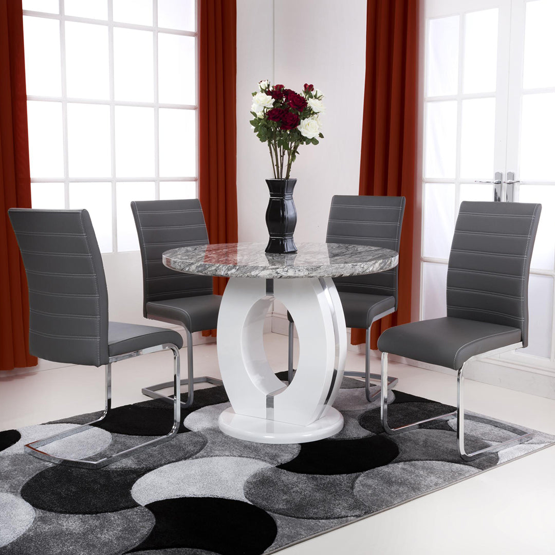 High Gloss Dining Table Round With 4 Callisto Grey Chairs - Neptune