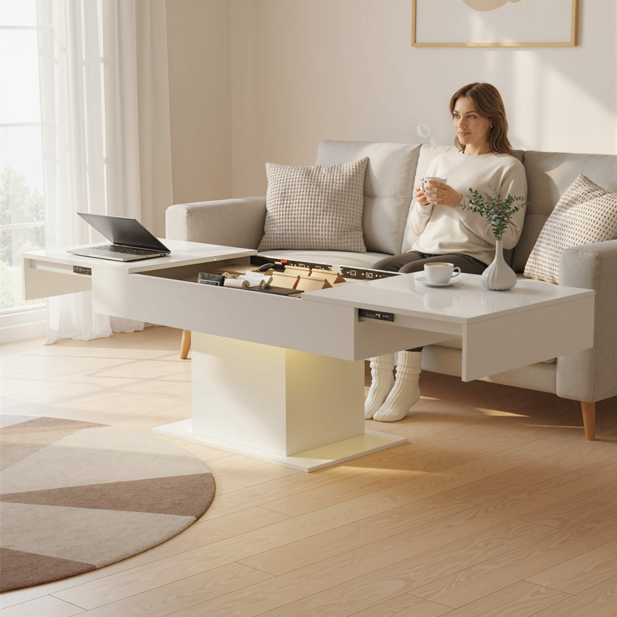 High Gloss Extendable Coffee Table With LED Lights And Storage - Velmora