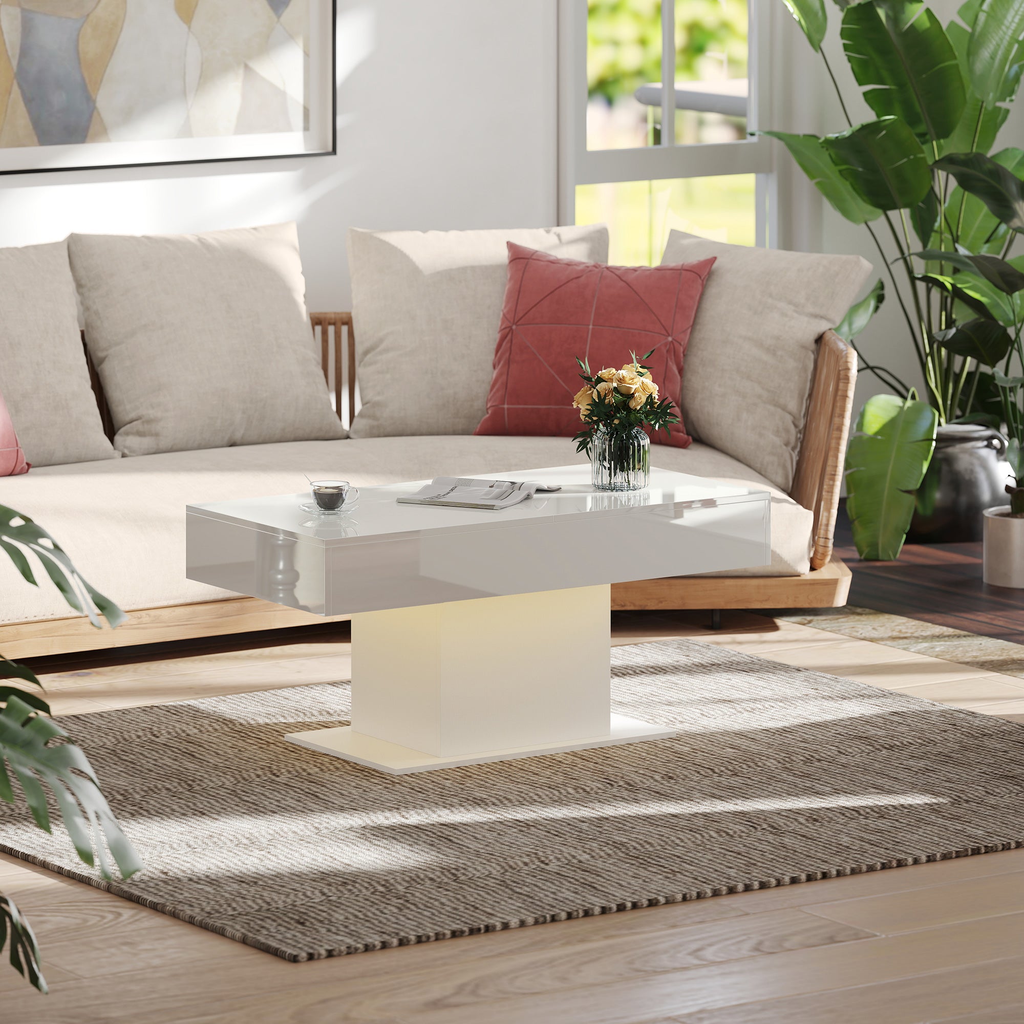 High Gloss Extendable Coffee Table With LED Lights And Storage - Velmora