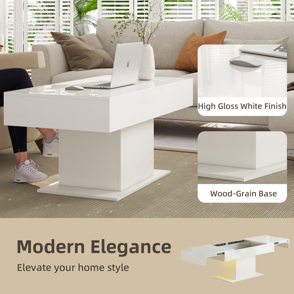 High Gloss Extendable Coffee Table With LED Lights And Storage - Velmora
