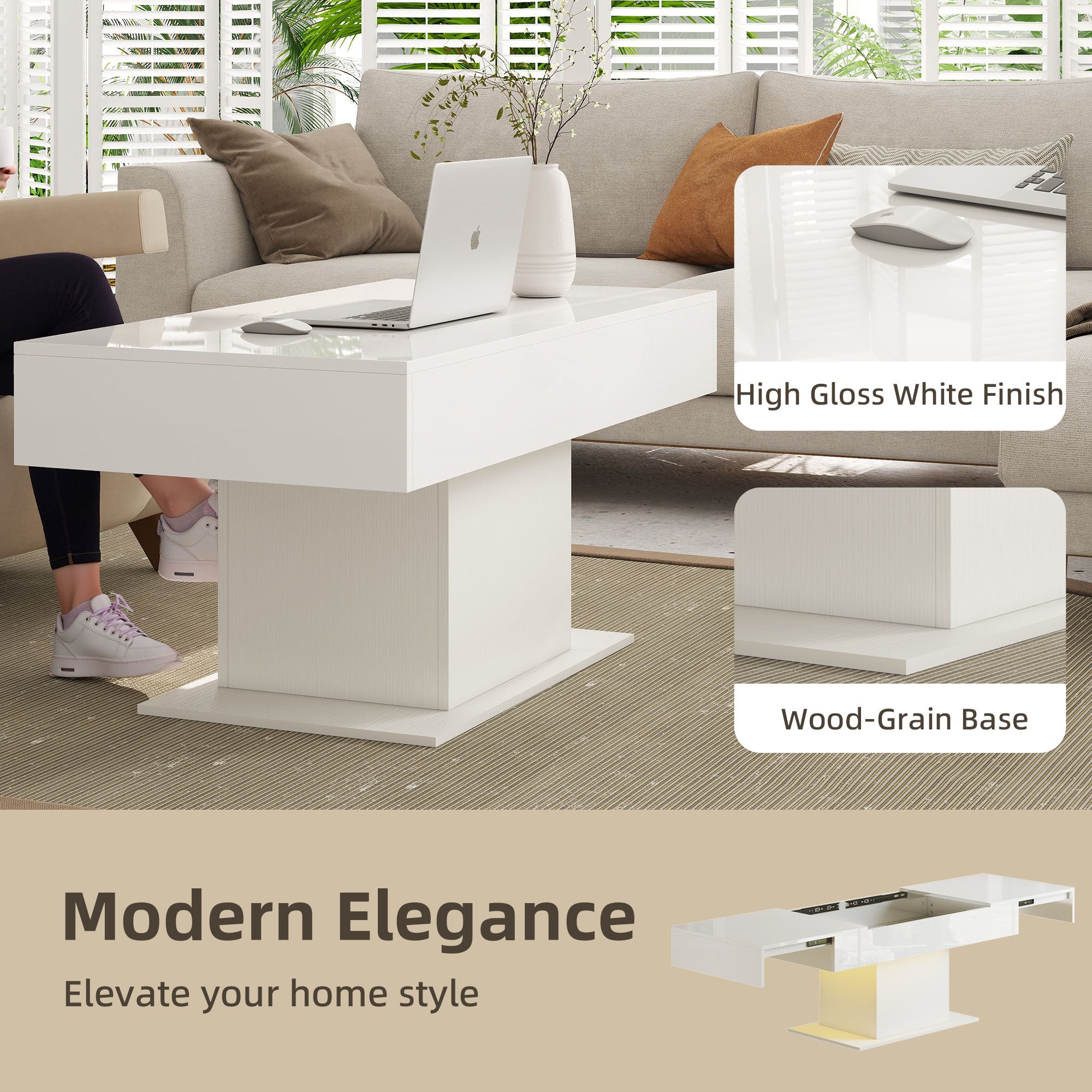 High Gloss Extendable Coffee Table With LED Lights And Storage - Velmora