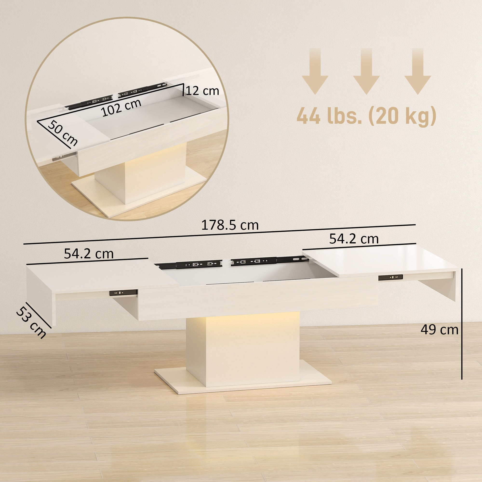 High Gloss Extendable Coffee Table With LED Lights And Storage - Velmora