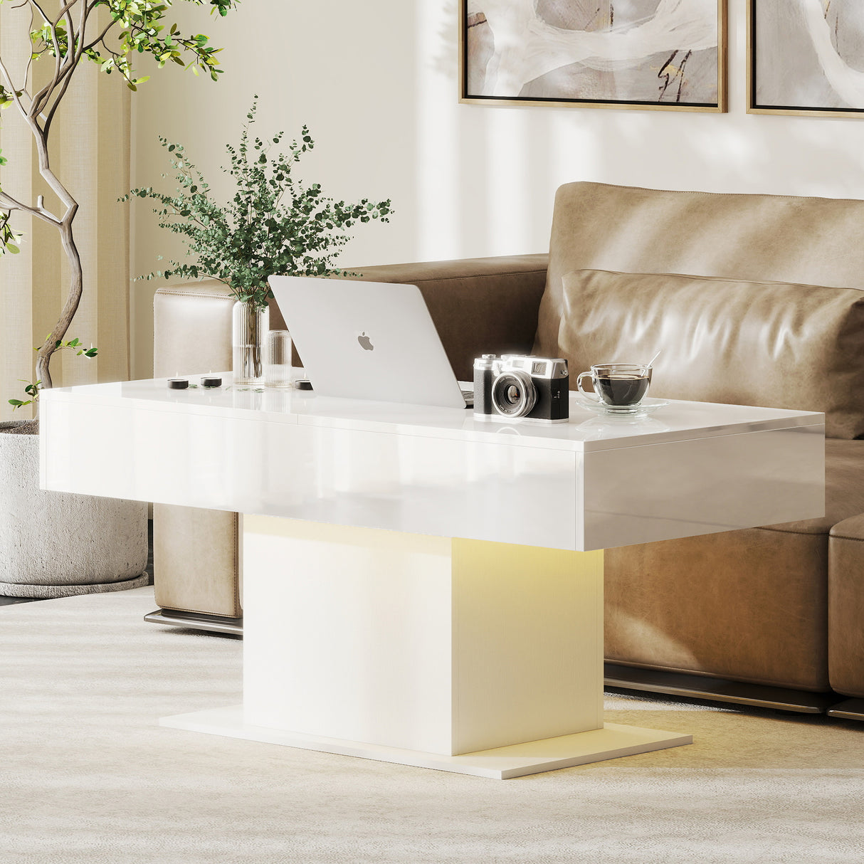 High Gloss Extendable Coffee Table With LED Lights And Storage - Velmora