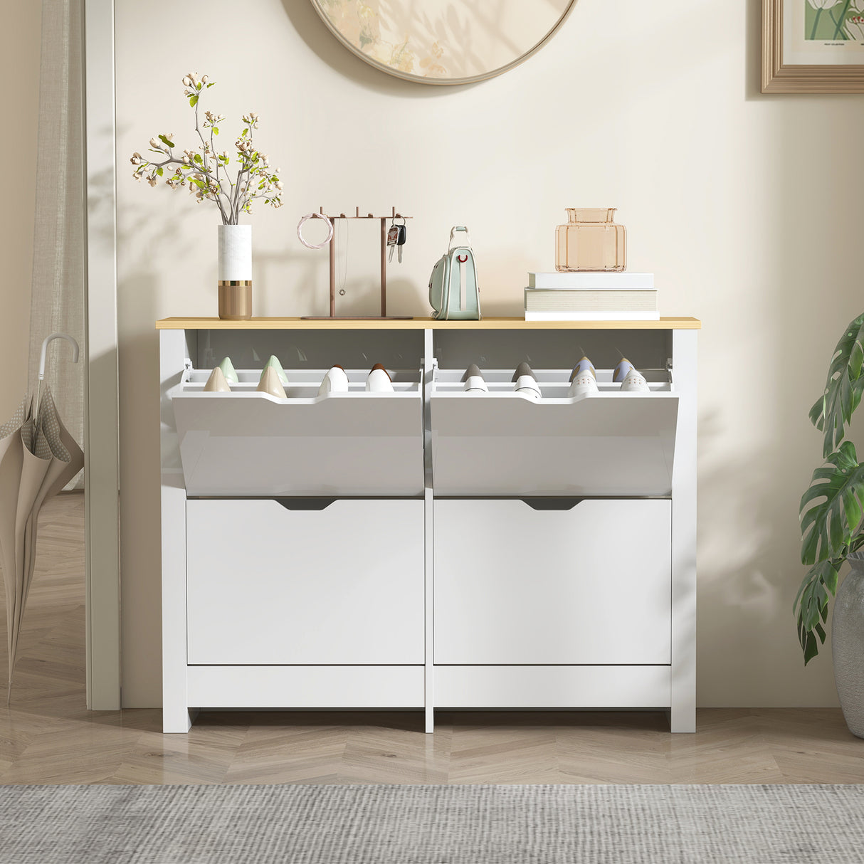 High Gloss Shoe Storage Cabinet 105cm Wide With 4 Flip Doors - Velmora